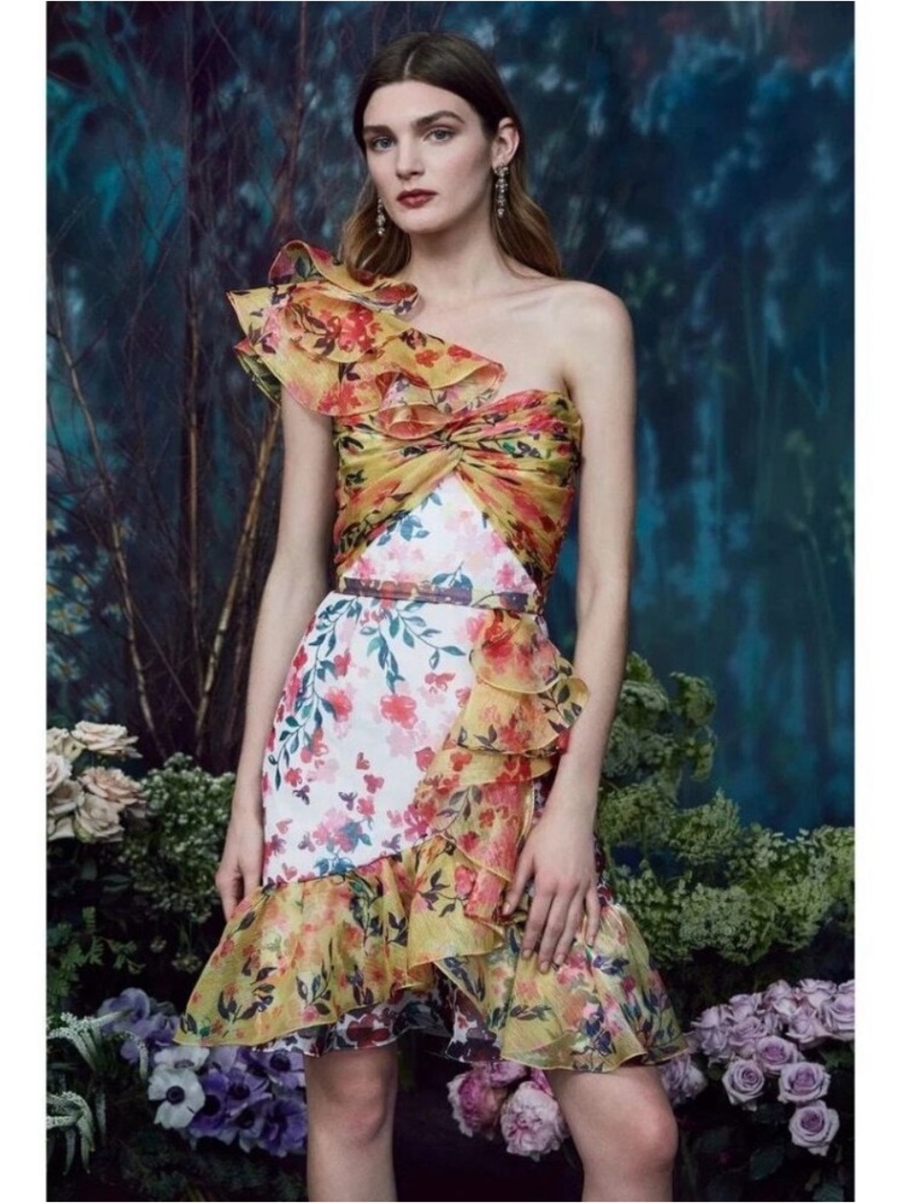 Marchesa Notte Floral Print Organza Mini Dress Ruffle One Shoulder